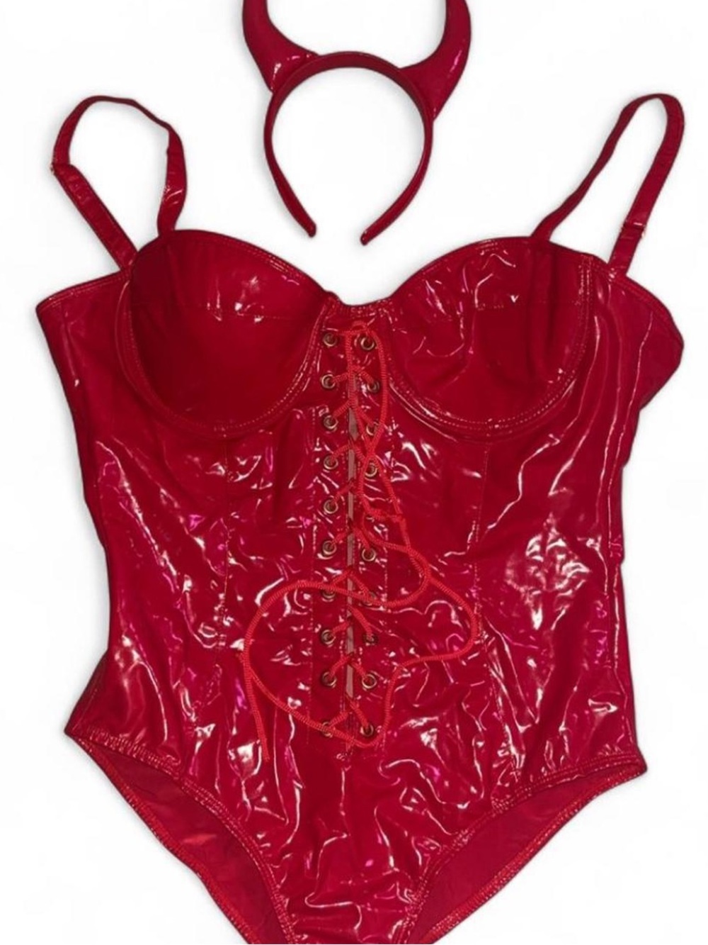 Foreplay Heat it Up Devil Red Vinyl Bodysuit Halloween Set